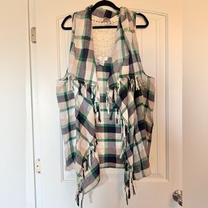Entro Women’s Blue,Green,Cream& White Sleeveless Fringed Plaid Cardigan Vest S L
